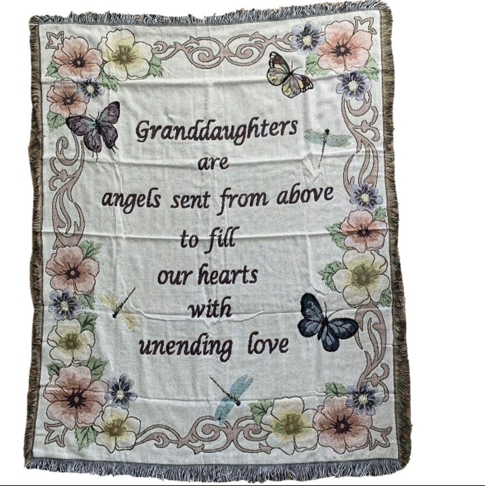 NWT Granddaughters Angel Poem Knitted Tapestry Throw Blanket Cream & Floral